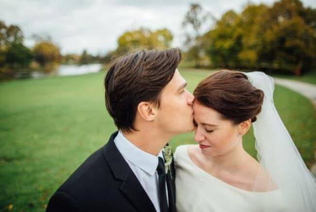 Finn Wittrock with his wife Sarah Roberts on their wedding day.
